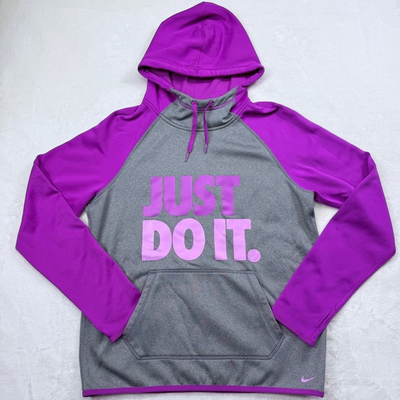 Nike Tops - Nike Therma-FIT Hoodie Womens Medium Gray Purple Just Do It Raglan Sweatshirt